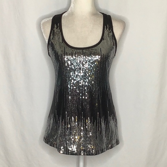 Black And Silver Metallic Sequin Racerback Tank Top Size M - Picture 1 of 15